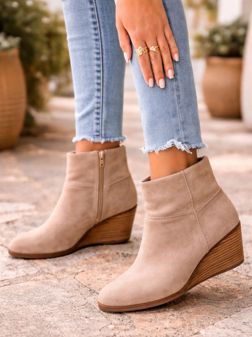 🔥Lucky Brand Beige Suede Wedge Booties  Neutral Ankle Boots Everyday Chic Comfor